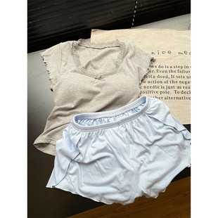 复古修身纯色带胸垫短袖睡衣女款春夏2026新款舒适短裤居家服套装