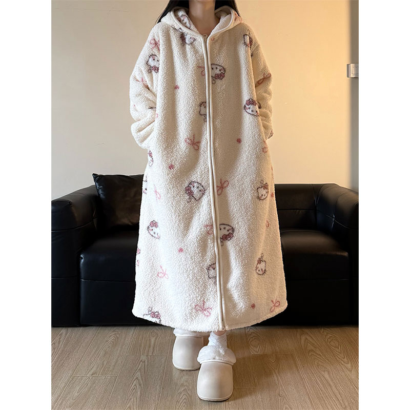可爱Kitty猫连帽加绒睡袍女秋冬