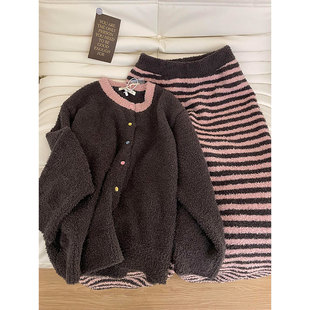 韩系美拉德简约半边绒睡衣女2025秋冬季休闲大码加厚针织家居服