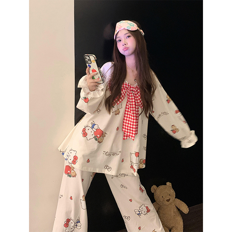 日系可爱蝴蝶结印花睡衣长袖长裤