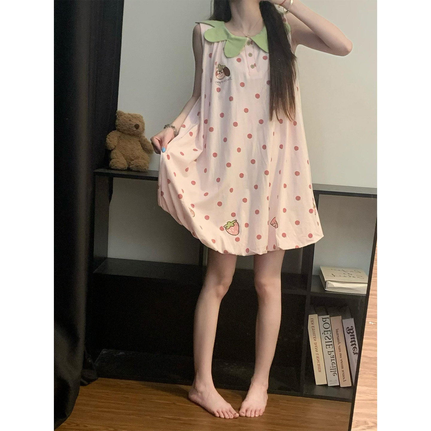 少女可爱风卡通波点睡裙女夏天大花瓣娃娃领宽松薄款居家服连衣裙