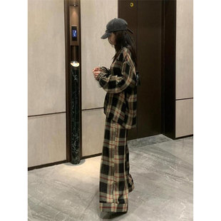长裤 韩版 长袖 休闲高级感格纹衬衫 家居服 睡衣少女2025春秋宽松大码