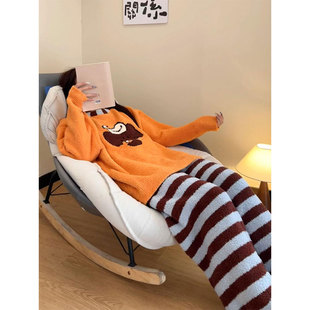 卡通小象毛衣半边绒睡衣女2025秋冬款针织加厚条纹长裤家居服套装