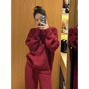 韩系新年红色半边绒翻领睡衣女冬季新款加绒加厚家居服套装可外穿
