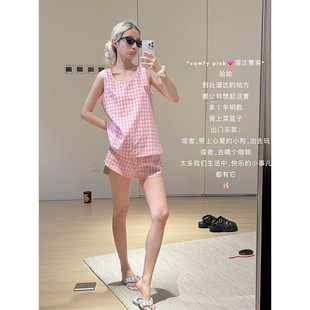 睡衣女夏季 大码 ins简约少女粉色格子无袖 新款 背心短裤 家居服套装