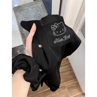 可爱烫钻凯蒂猫冰丝睡衣女春秋季新款长袖长裤缎面家居服大码套装
