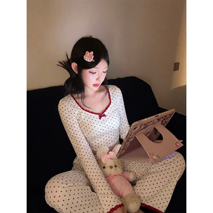 居家服套装 长裤 长袖 纯欲甜美风少女波点蕾丝边睡衣女春秋2026新款