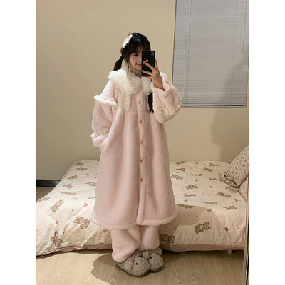 韩系甜美可爱花边珊瑚绒睡衣