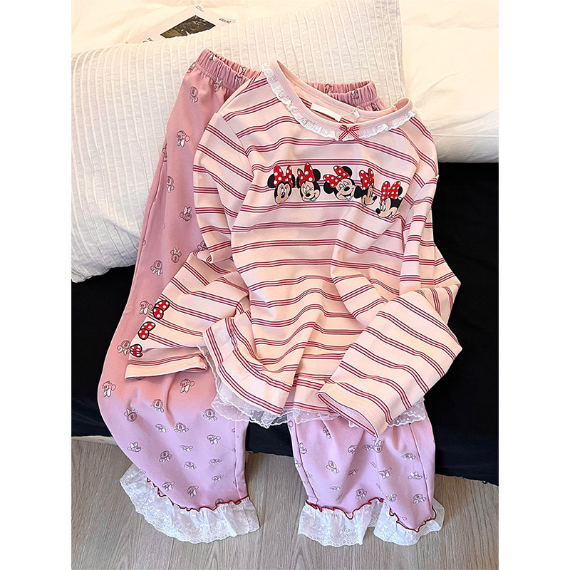 可爱粉色米奇条纹长袖睡衣女2025