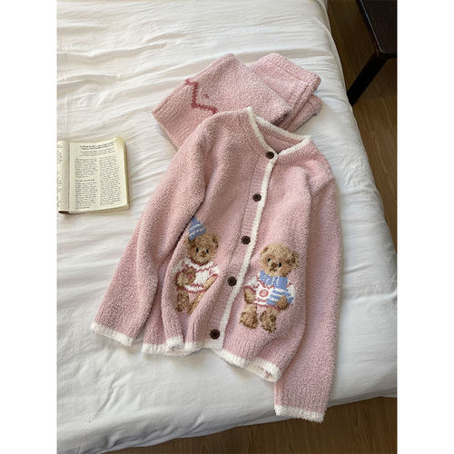 韩系可爱卡通熊针织半边绒睡衣女