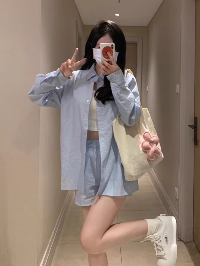 여성용 잠옷 여름 인터넷 연예인 스타일 귀여운 프린트의 긴팔 반바지 홈웨어 세트 야외에서 착용 가능