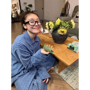 套装 韩系简约条纹德绒睡衣女秋冬新款 家居服大码 长裤 加绒加厚长袖