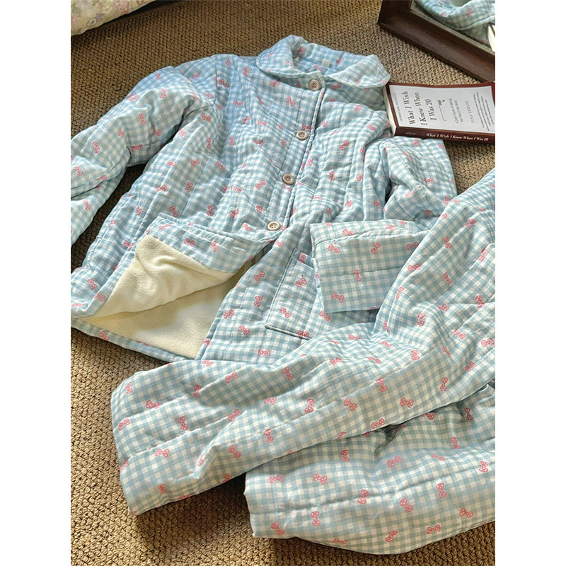蓝色格子夹棉睡衣女2025秋冬季