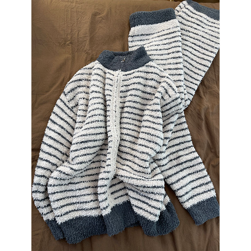 简约休闲拼色条纹半边绒睡衣