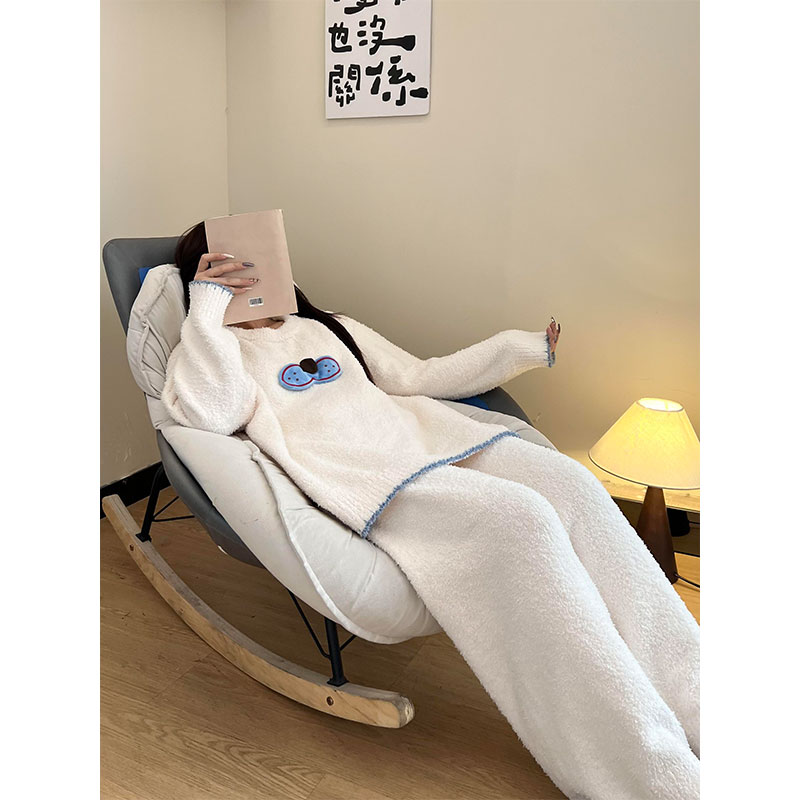 可爱卡通猫半边绒睡衣女秋冬