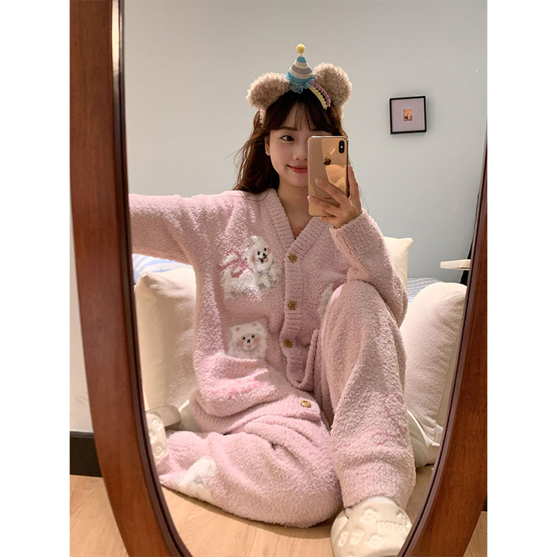 韩版卡通小狗V领针织睡衣套装