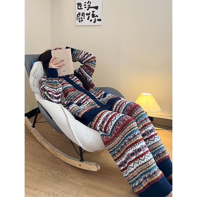 复古休闲半边绒睡衣女2025秋冬