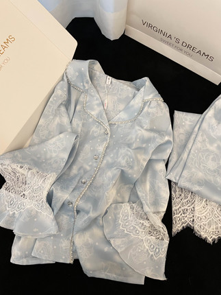 French Lace Ice Silk Pajamas for Women, Spring & Fall 2026 New Style, Long-Sleeved Pants, High-End Home Wear Set