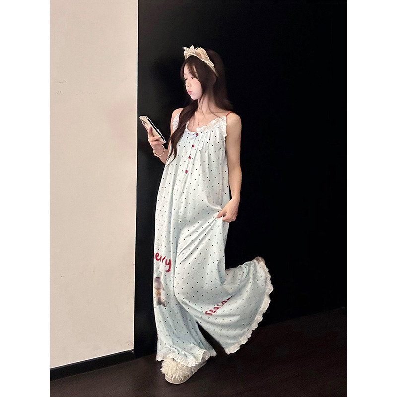 复古高级感吊带波点印花连体睡衣女春夏新款长裤显瘦一体式家居服