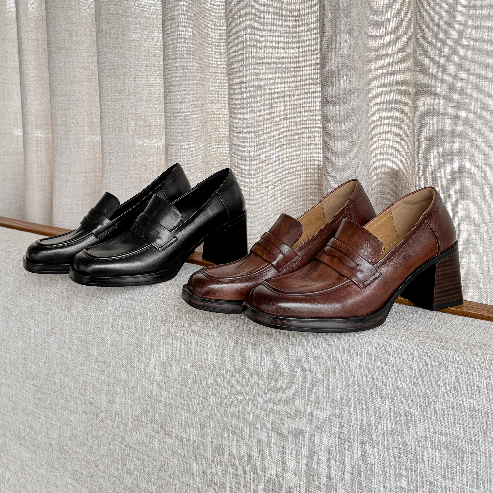 圆圆妈2026春季简约时尚方头中口一脚蹬单鞋通勤百搭粗跟牛皮女鞋,女鞋,深口单鞋,淘宝优惠券,粉丝福利购,淘宝优惠卷