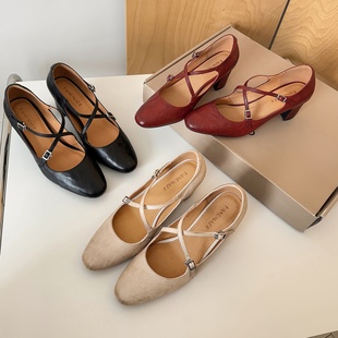 韩版 浅口鞋 气质百搭粗跟真皮时尚 玛丽珍鞋 圆圆妈2026春季 单鞋 新款