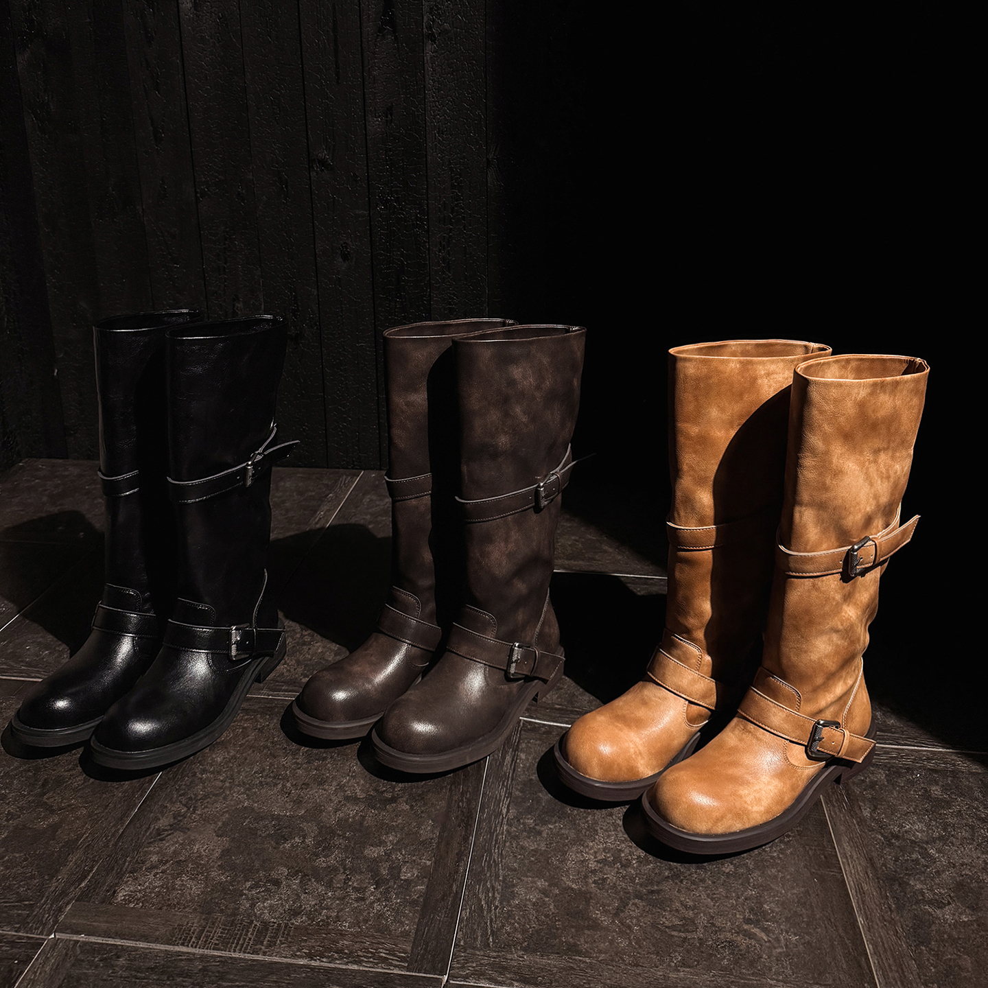 欧美时尚气质粗跟皮带扣骑士靴