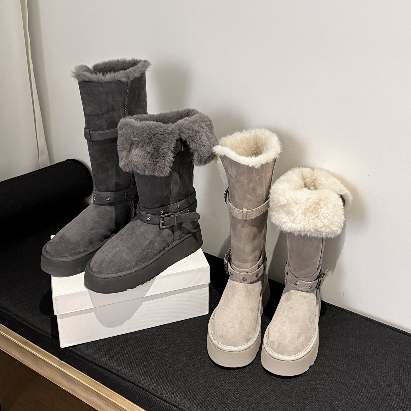 休闲圆头高筒拼接皮带扣雪地靴