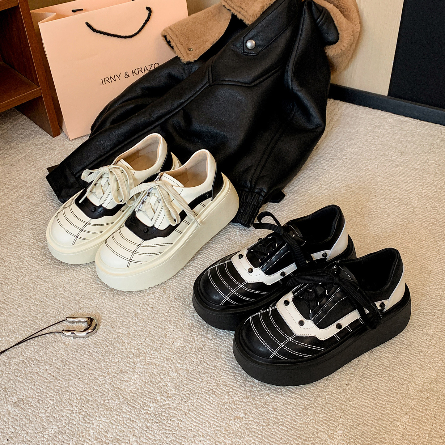 圆圆妈2026春季时尚松糕厚底鞋圆头深口系带单鞋舒适百搭牛皮女鞋,女鞋,深口单鞋,淘宝优惠券,粉丝福利购,淘宝优惠卷