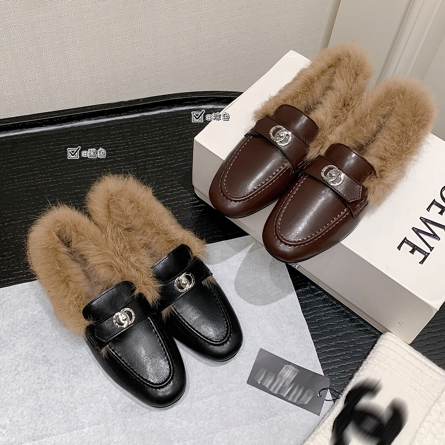韩版圆头深口皮带扣长绒毛毛鞋
