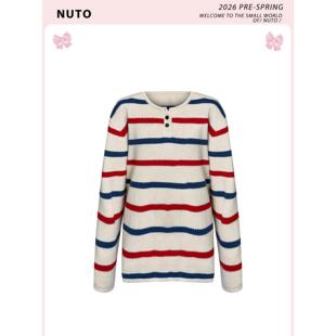 NUTO【明星同款】条纹撞色亨利领套头针织衫女早春季休闲宽松上衣