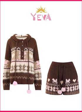 YEVA【现货】明星同款红标雪境小马费尔岛毛衣短裤慵懒风套装26春
