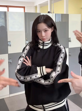 原版金玟庭柳智敏同款黑色立领卫衣外套女2025秋宽松休闲夹克外套