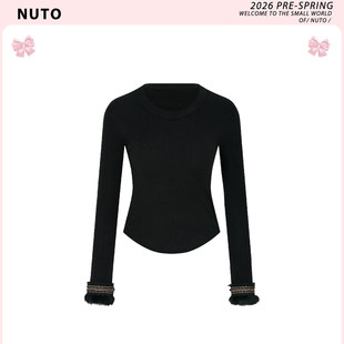 NUTO【雅韵玉袖】新中式弧形下摆花边袖口长袖针织打底衫修身上衣