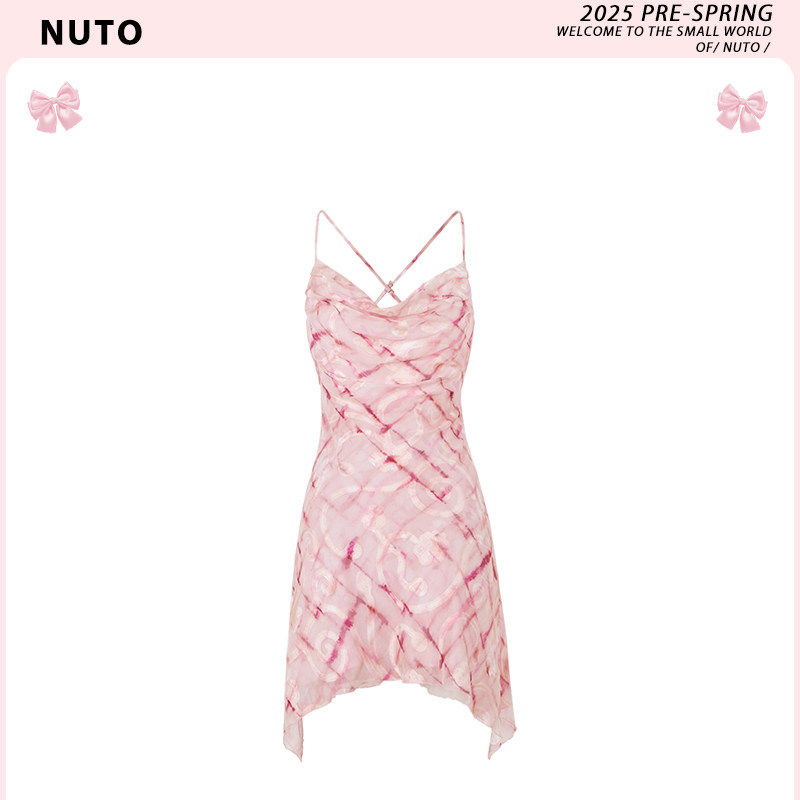 原版【现货】桃花酒粉色格纹印花甜美少女感吊带洋装女2025春夏