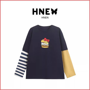HNEN【现货】沈梦辰同款卡通趣味设计卡通汉堡条纹长袖T恤上衣女