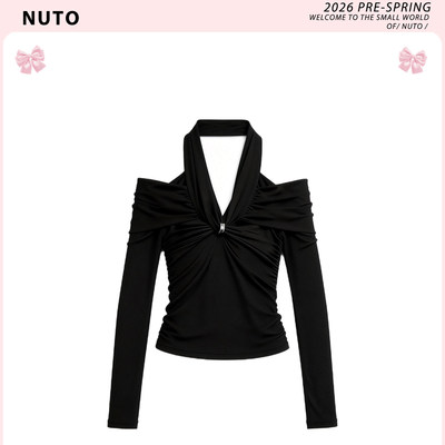NUTO黑色挂颈一字肩长袖