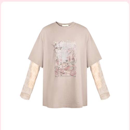 原版【现货秒发】巨好看甜酷风卡其色假两件蕾丝拼接T恤2025春季
