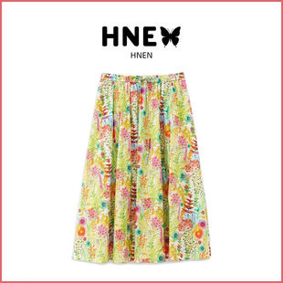 HNEN【现货】董洁同款法式田园风植物印花A字独特别致半身裙女夏