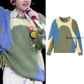 针织衫 演唱会张杰同款 毛衣慵懒风拼接撞色套头圆领长袖 上衣男女潮