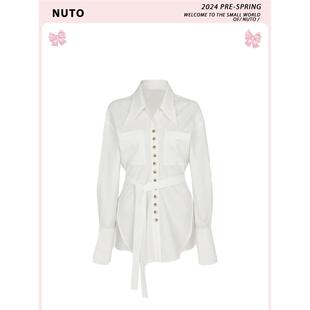 NUTO【现货】明星同款覆古褶皱腰带设计长袖衬衫气质单排扣上衣