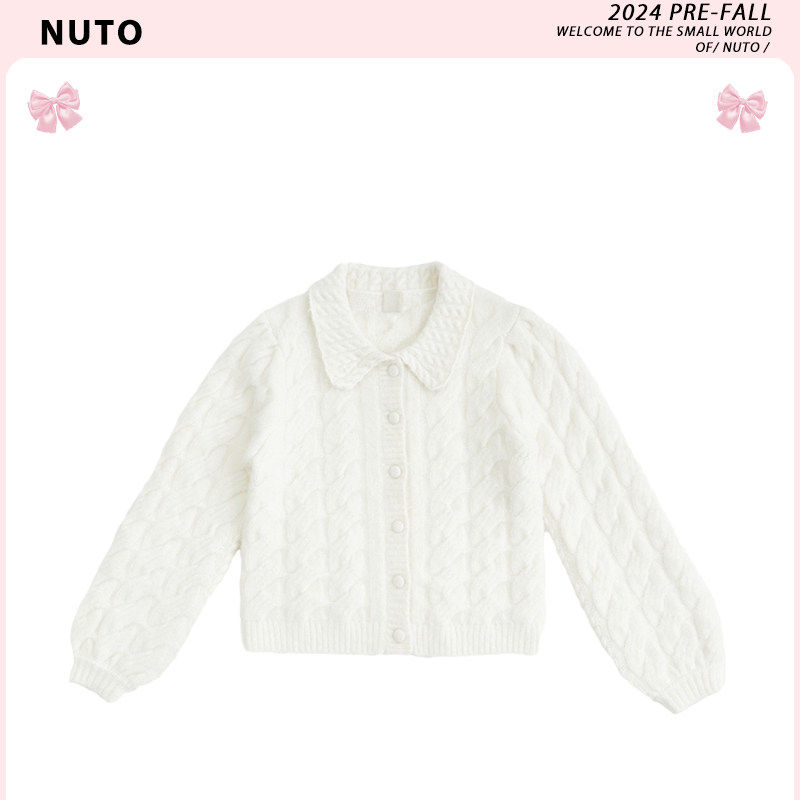 原版奶油白短款毛衣外套 韩版通勤开衫毛衣 纯色娃娃领针织衫