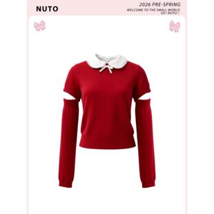 NUTO【明星同款】红色可拆卸袖套彼得潘领针织衫女早春甜美短上衣
