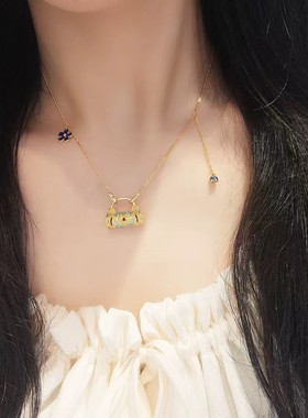 黄金色珐琅彩平安锁如意算盘纯银足银999项链锁链送女友闺蜜礼物