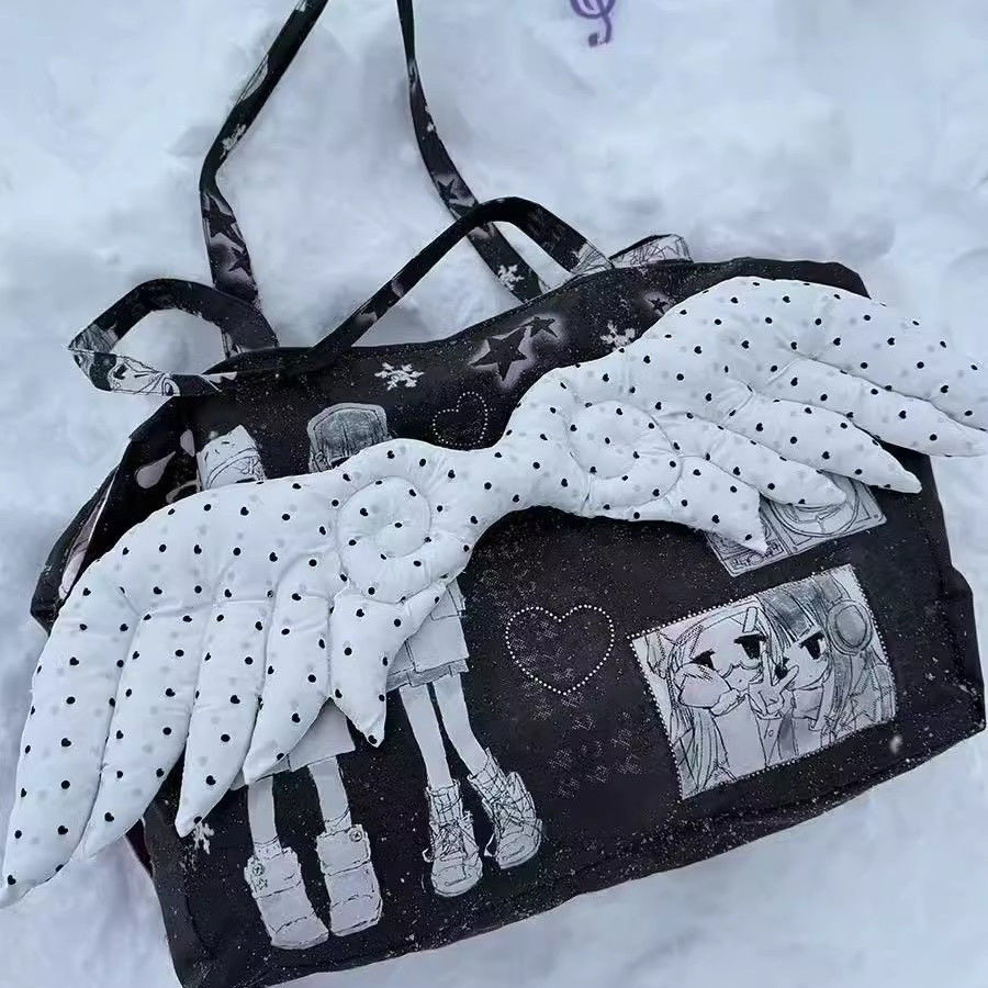 2025新款韩系天使翅膀痛包y2k甜酷托特包二次元单肩尼龙帆布包