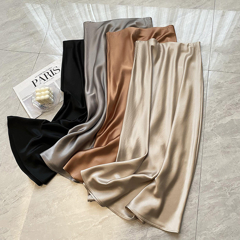 高级VC醋酸缎面半身裙女松紧腰中长款A字鱼尾垂感显瘦2025春夏新