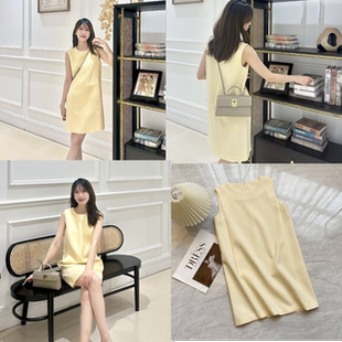 进口醋酸无袖 背心连衣裙通勤立裁直筒圆领麻肌理老钱风2026春夏新