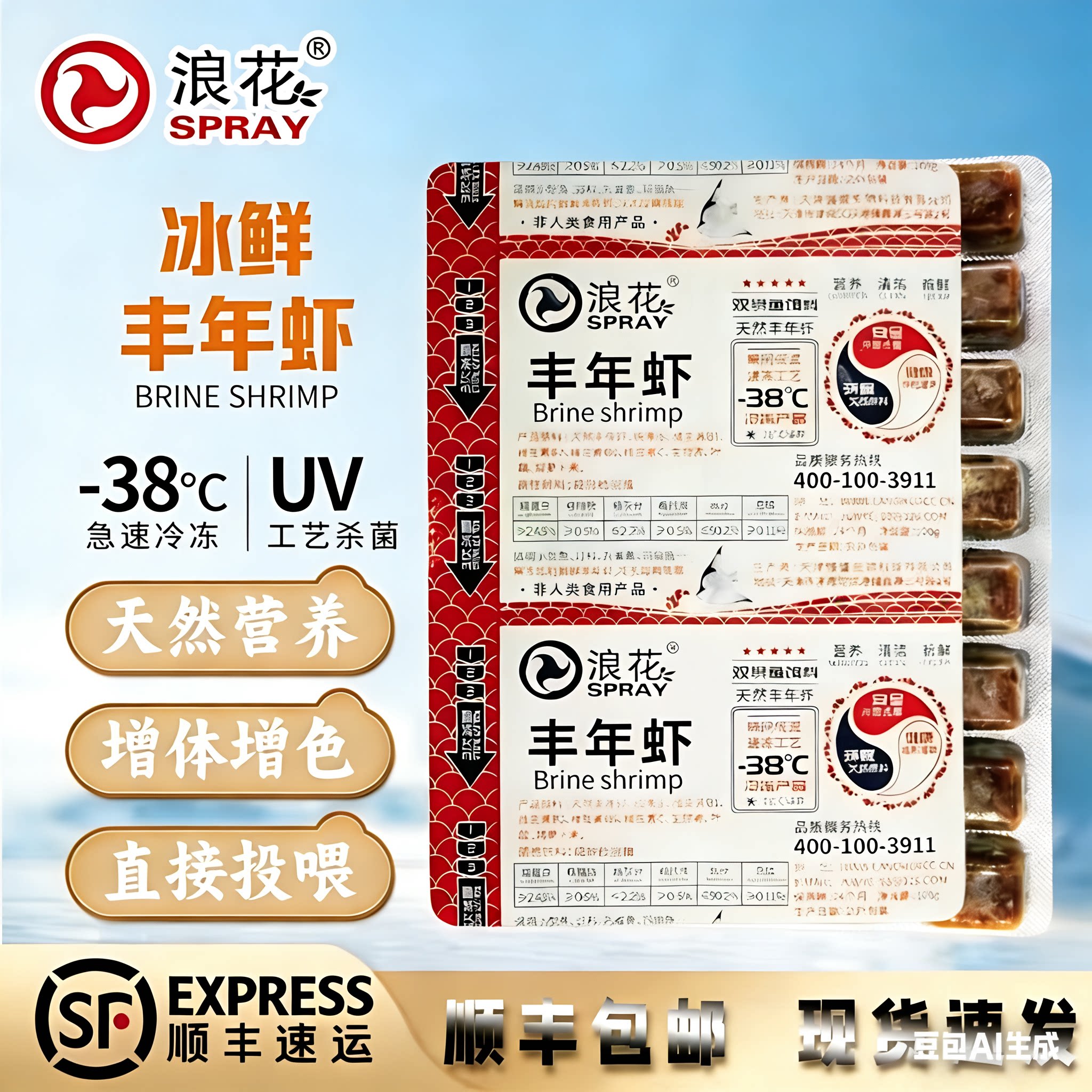 浪花冰冻丰年虾成虫孔雀埃及七彩鱼食中小型热带鱼增色增艳鱼粮