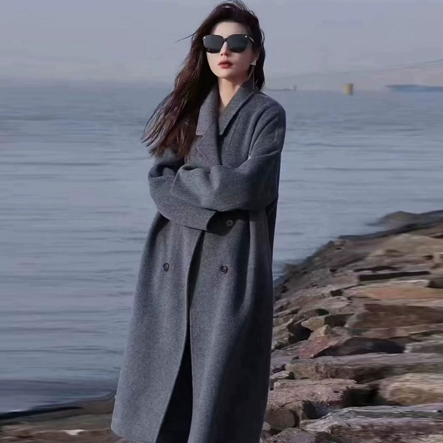 高级灰双面羊绒大衣女2025新款中长款宽松显瘦高端品牌双面呢外套