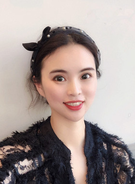 cookie韩国简约黑色波点蝴蝶结蕾丝网纱发带发箍女发卡头箍发饰女