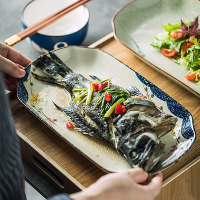 大号鱼盘家用创意深盘菜盘寿司长方形日式清蒸鱼盘子剁椒鱼头盘子